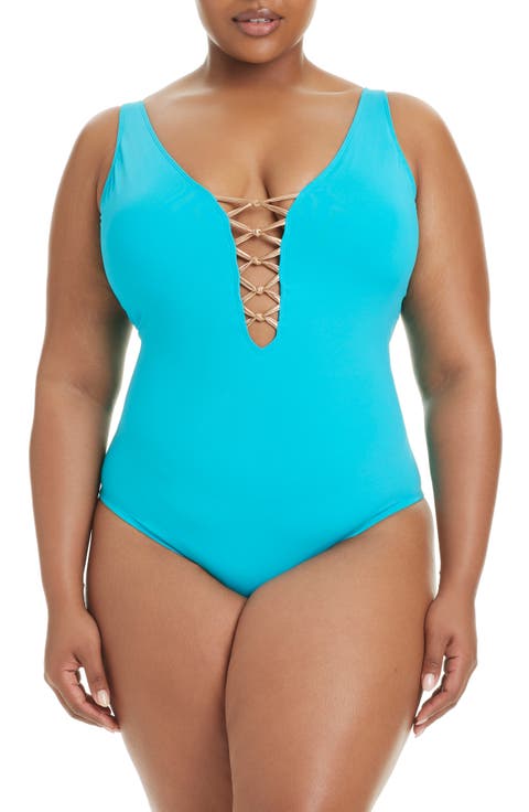 Lace Down One-Piece Swimsuit (Plus)