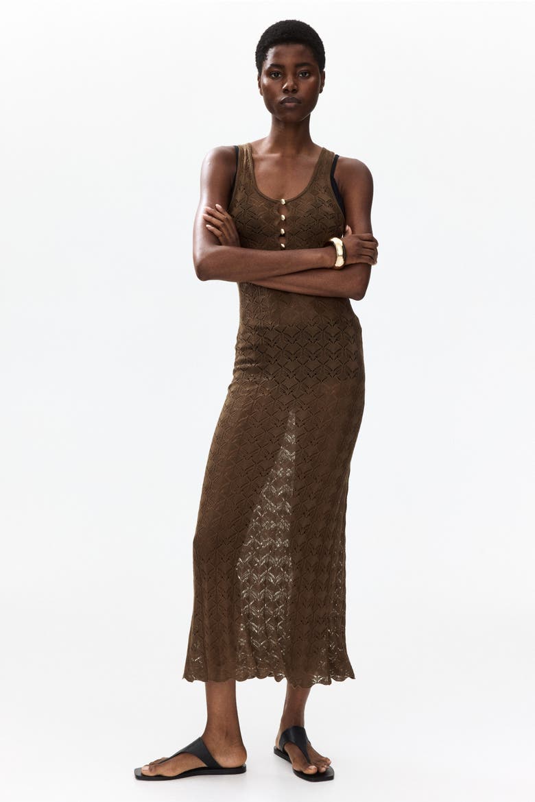 Button-top Crochet-look Dress, Alternate, color, Brown