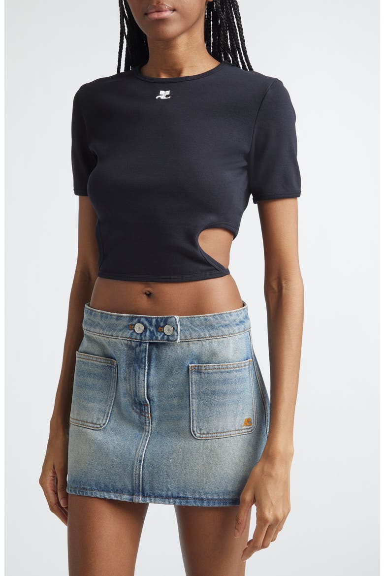 Ribbon Cutout Crop Rib T-Shirt, Alternate, color, BLACK