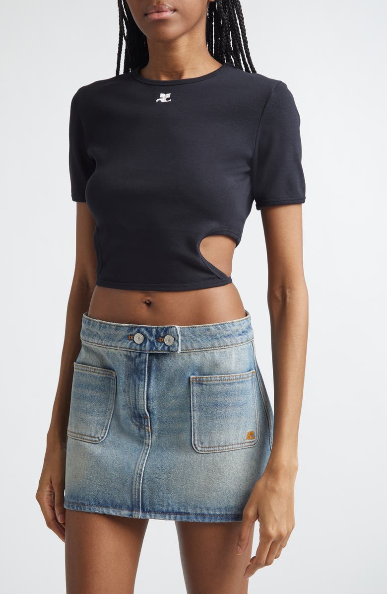 Courrèges Ribbon Cutout Crop Rib T-Shirt, Alternate, color, Black