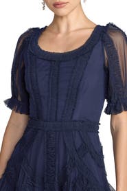 Mac Duggal Women's Short Sleeve Mesh Mirco Ruffle Midi Dress