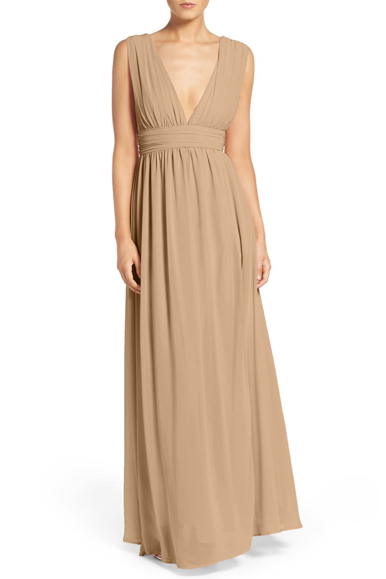 Plunging V-Neck Chiffon Gown, Main, color, NUDE