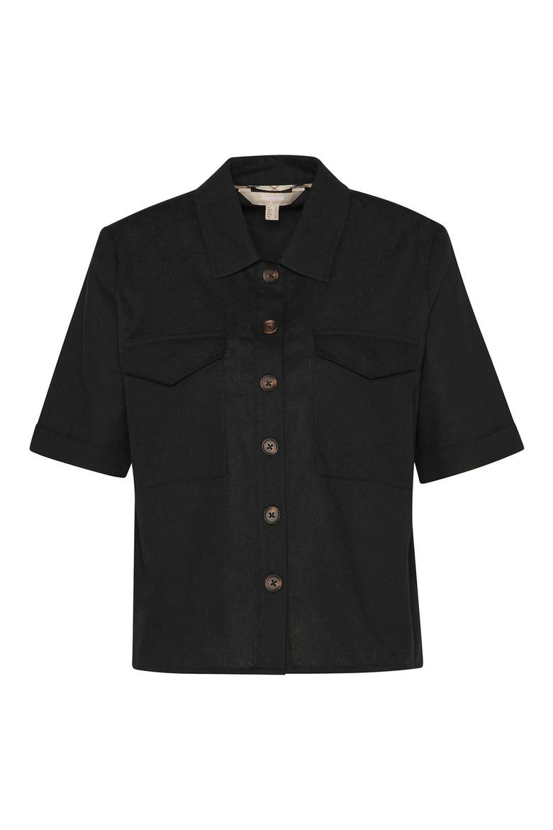 Luna Short Sleeve Cotton & Linen Button-Up Shirt, Alternate, color, BLACK