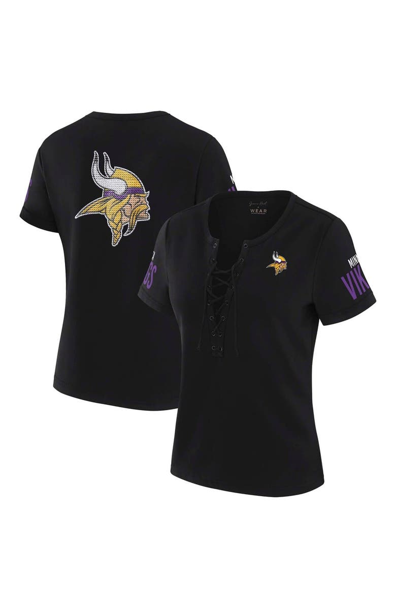 WEAR by Erin Andrews Women's WEAR by Erin Andrews x Gracie Hunt Black Minnesota Vikings Draft Me Lace-Up T-Shirt, Main, color, 