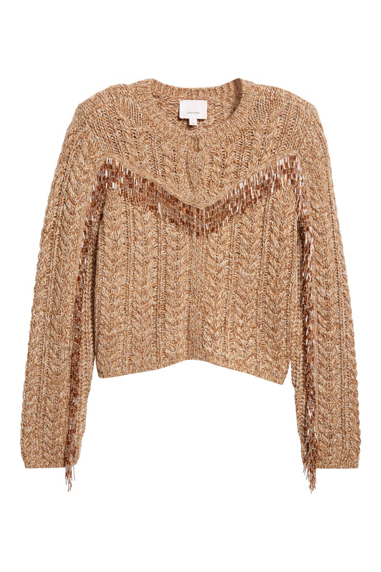 Mélange Bead Fringe Accent Cable Crewneck Sweater, Alternate, color, OATMEAL MULTI