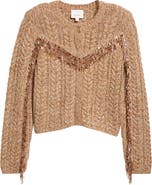 Cinq à Sept Mélange Bead Fringe Accent Cable Crewneck Sweater