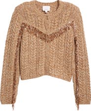 Cinq à Sept Mélange Bead Fringe Accent Cable Crewneck Sweater