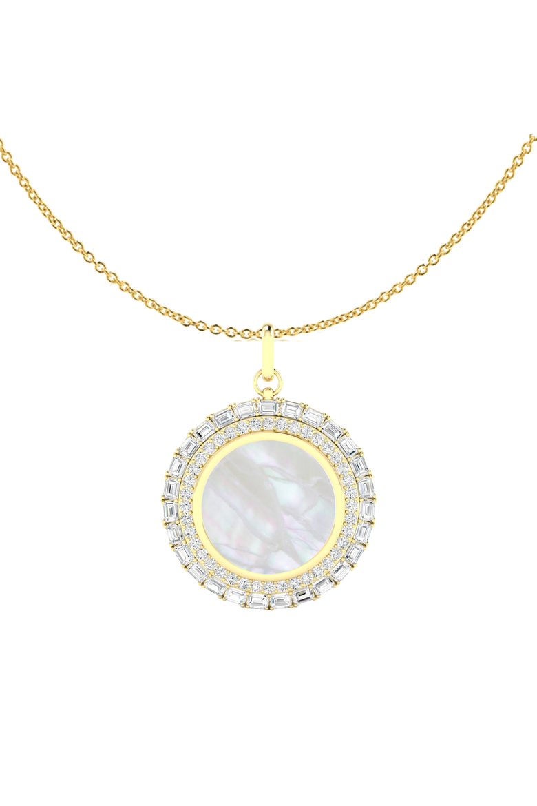 Mother-of-Pearl & Lab Diamond Emerald and Round Pendant Necklace in 14K, Main, color, Yellow Gold