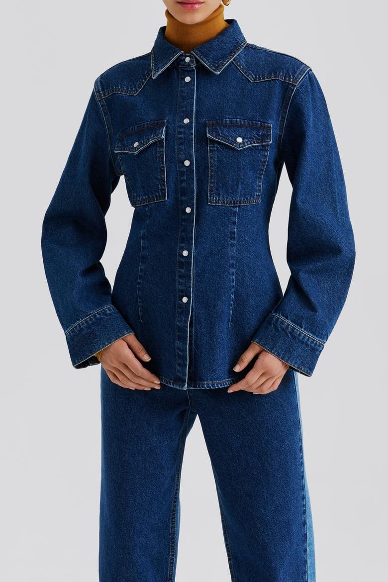 Anthea Fitted Waist Denim Shirt, Alternate, color, Dark Blue Wash