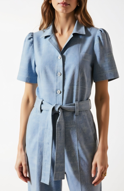 Shop Modenaire Paisley Print Belted Jumpsuit With Short Sleeves And Button Front