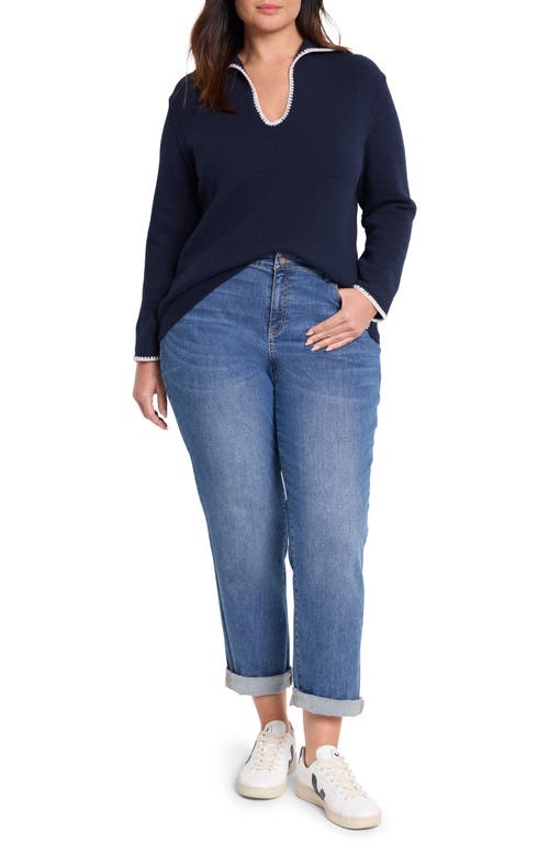 Nic + Zoe Nic+zoe Blanket Stitch Getaway Sweater In Dark Indigo