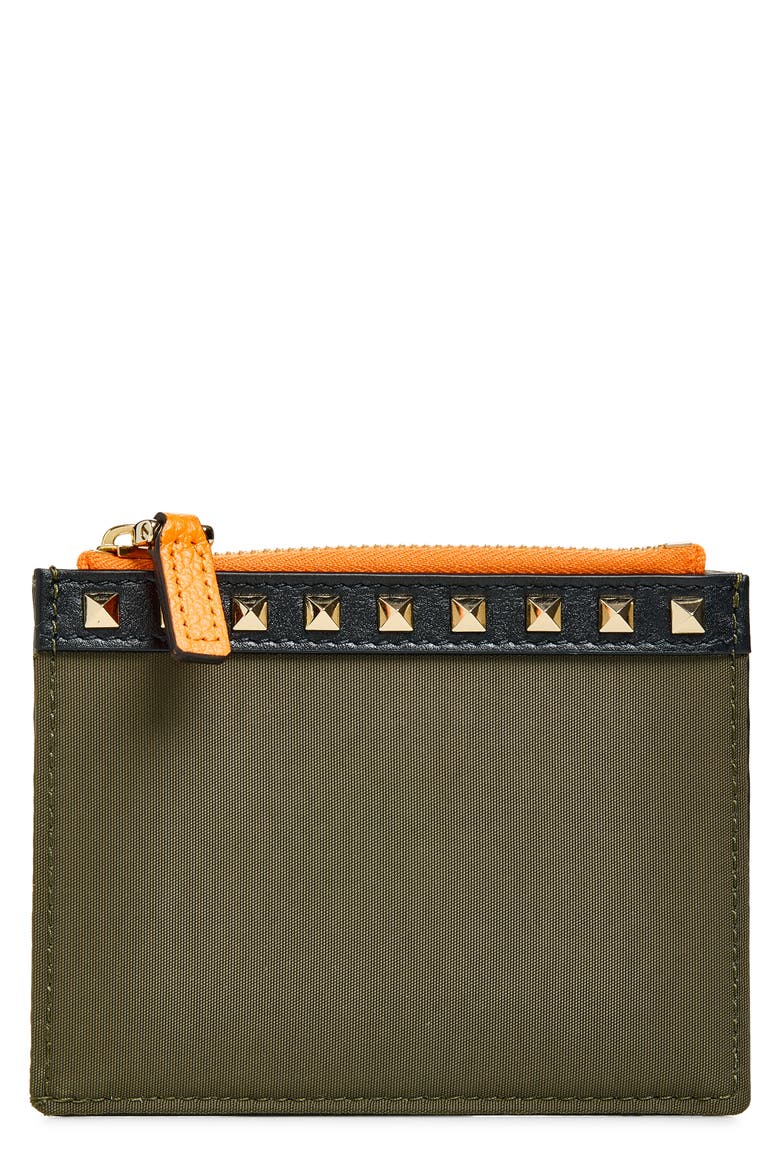 Rockstud Leather Trim Zip Card Case, Main, color, GREEN