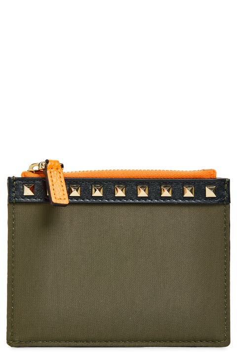 Rockstud Leather Trim Zip Card Case