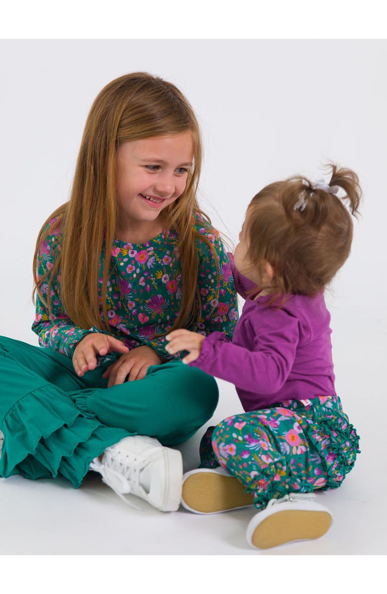 RuffleButts Knit Long Sleeve Ruffle Layering Tee, Alternate, color, Emerald Floral