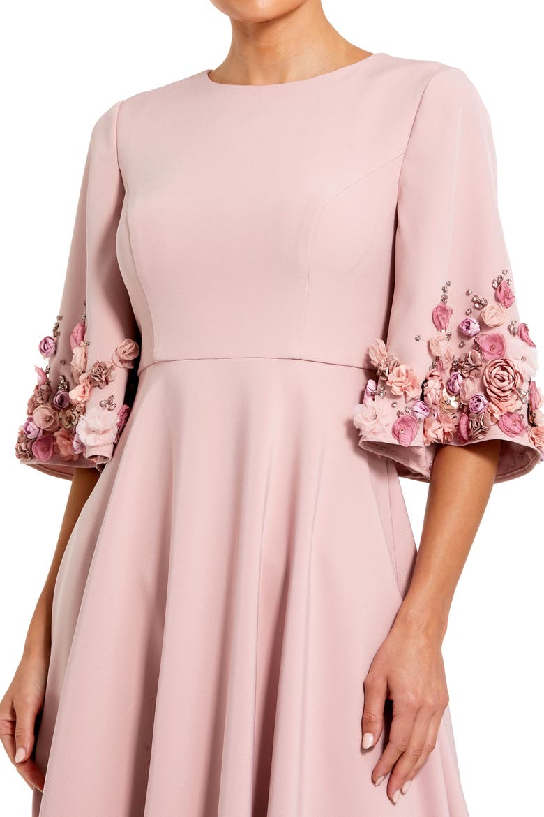 Petite Crepe 3/4 Sleeve A-line Gown With Flower Trim, Alternate, color, Rose