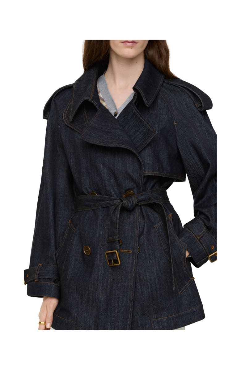 Burberry Short Denim Fitzrovia Trench Coat, Alternate, color, Dark Indigo