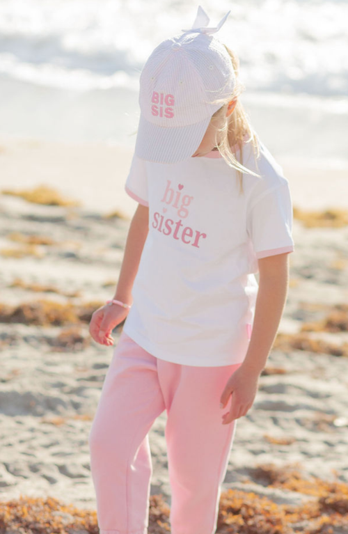 Bits & Bows Big Sis Seersucker Bow Baseball Hat In Pink
