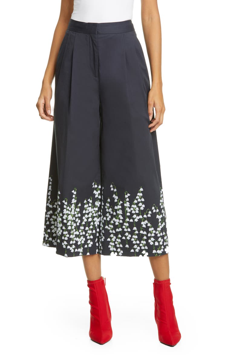 Pleated Floral Print Stretch Poplin Culottes, Main, color, LILY BLACK