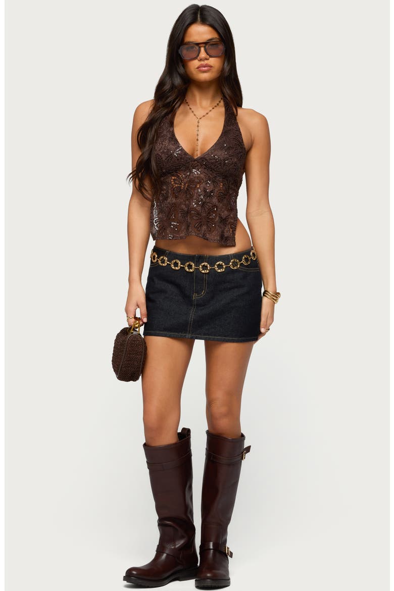 Butterfly Sequin Open Back Halter Top, Alternate, color, BROWN