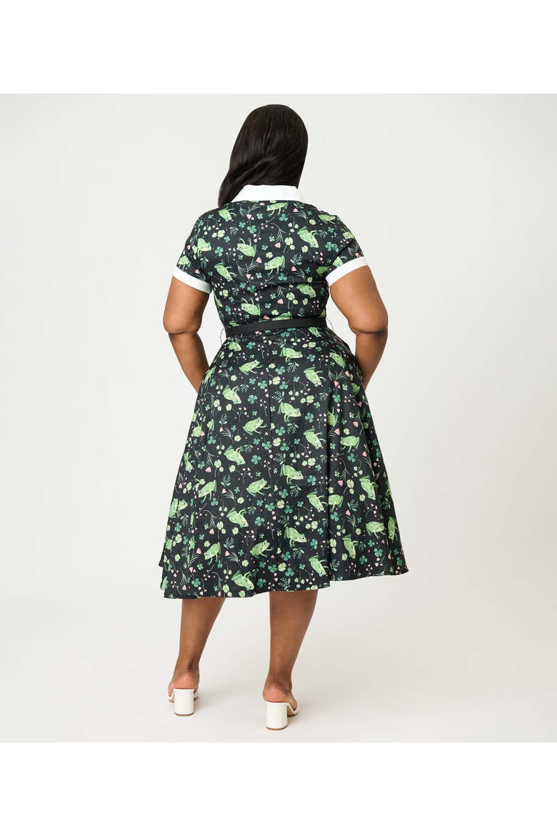 Plus Size Collared Short Sleeved Belted Alexis Swing Dress, Alternate, color, Black & Green Frog Print