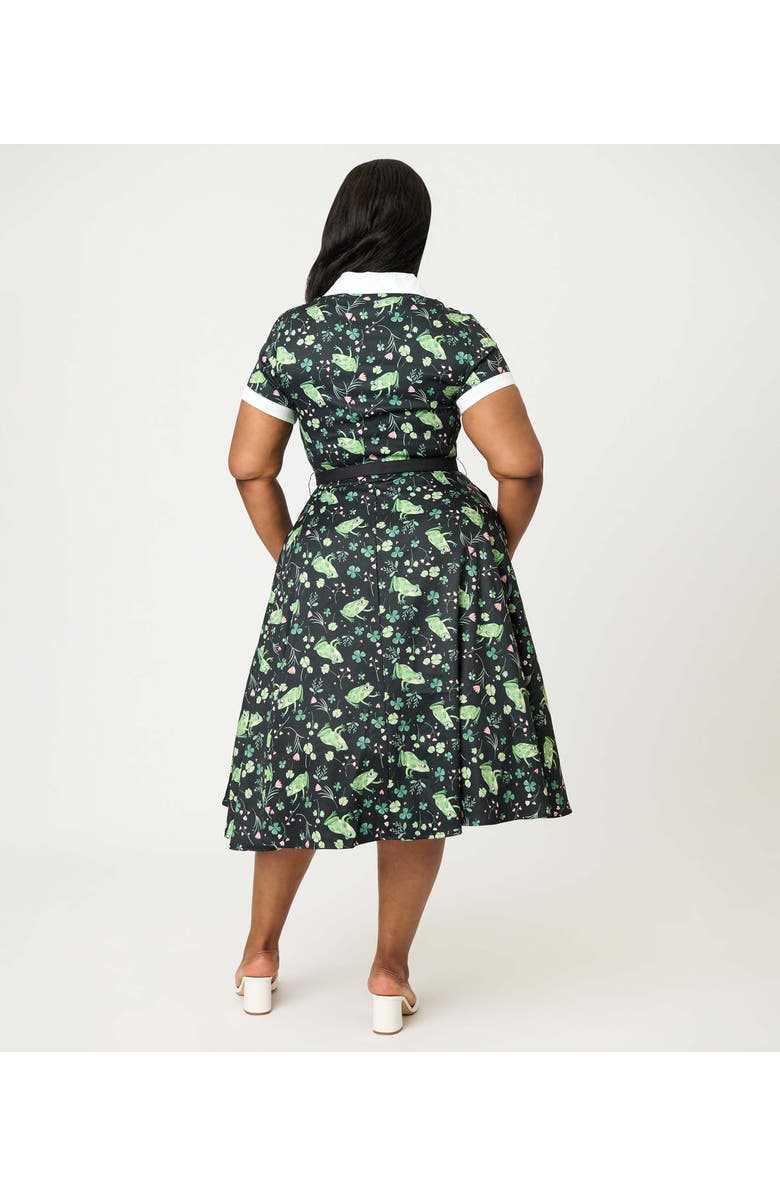 Unique Vintage Plus Size Collared Short Sleeved Belted Alexis Swing Dress, Alternate, color, Black & Green Frog Print
