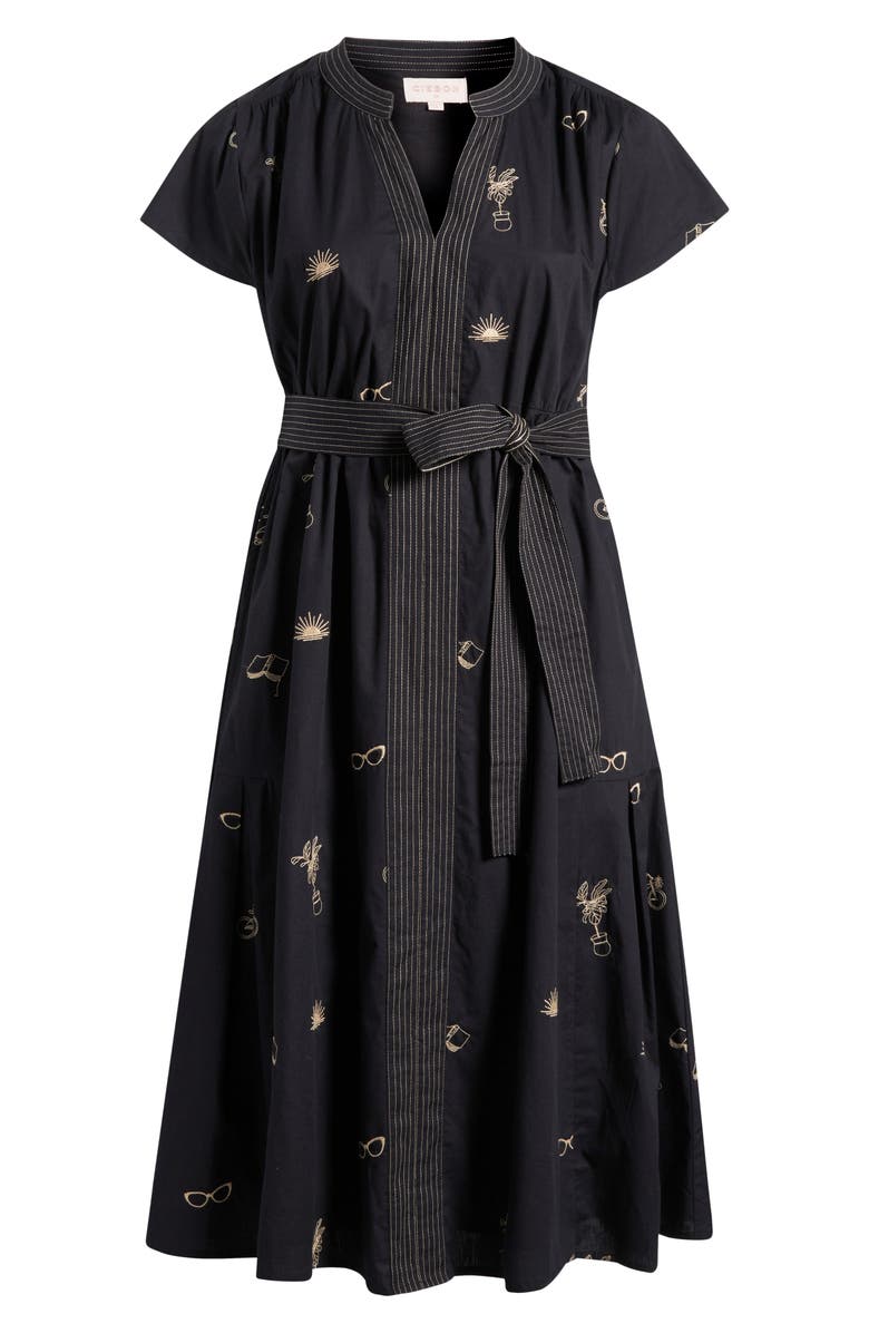 CIEBON Ariana Embroidered Cotton Midi Dress, Alternate, color, Black/ Taupe