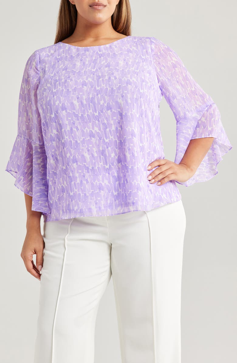 KASPER Abstract Print Ruffle Sleeve Chiffon Top, Main, color, 