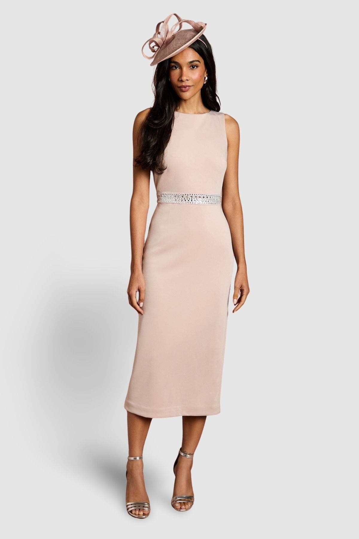 Embellished Waist Ponte Midi Dress