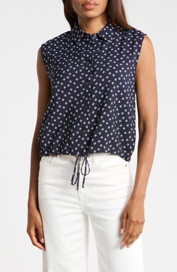 Adrianna Papell Floral Sleeveless Button-Up Top in Navy/Ivory Petal at Nordstrom Rack, Size Small