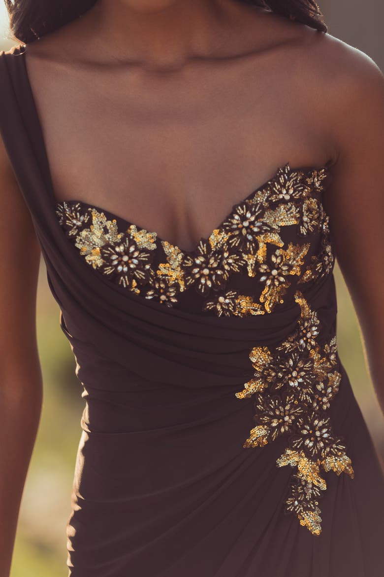 One Shoulder Embellished Jersey Gown, Alternate, color, Chocolate