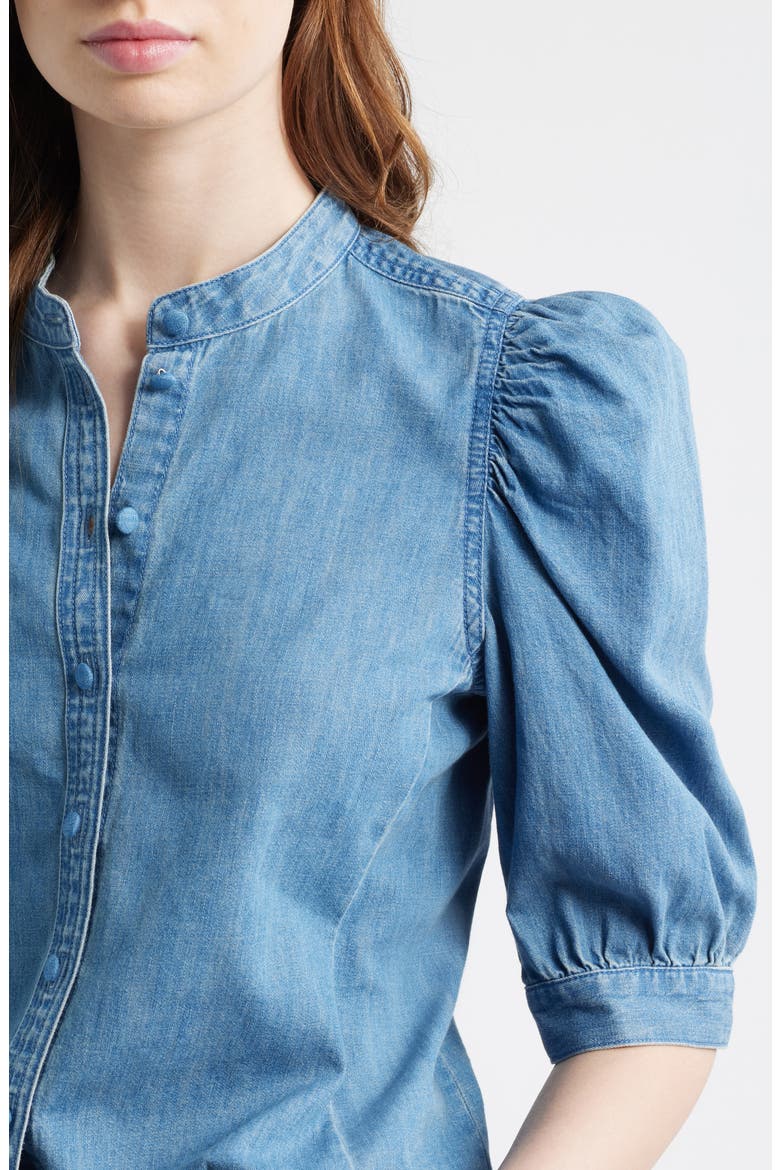 Band Collar Puff Sleeve Denim Button-Up Shirt, Alternate, color, COASTAL BLUE WASH