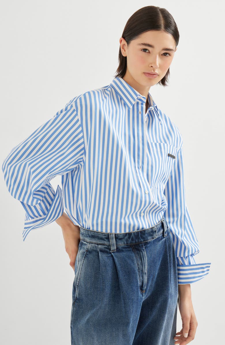 Brunello Cucinelli Striped poplin shirt, Alternate, color, Azure
