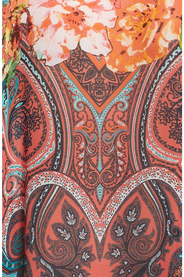 Print Cold Shoulder Silk Caftan Dress, Alternate, color, PINK/ BLUE MULTI