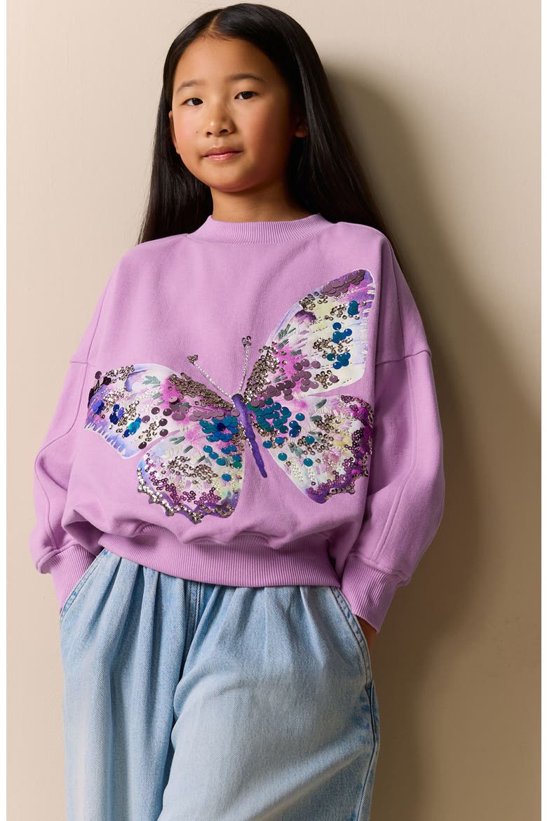 Kids' Sequin Embellished Butterfly Cotton Blend Sweatshirt, Alternate, color, PURPLE