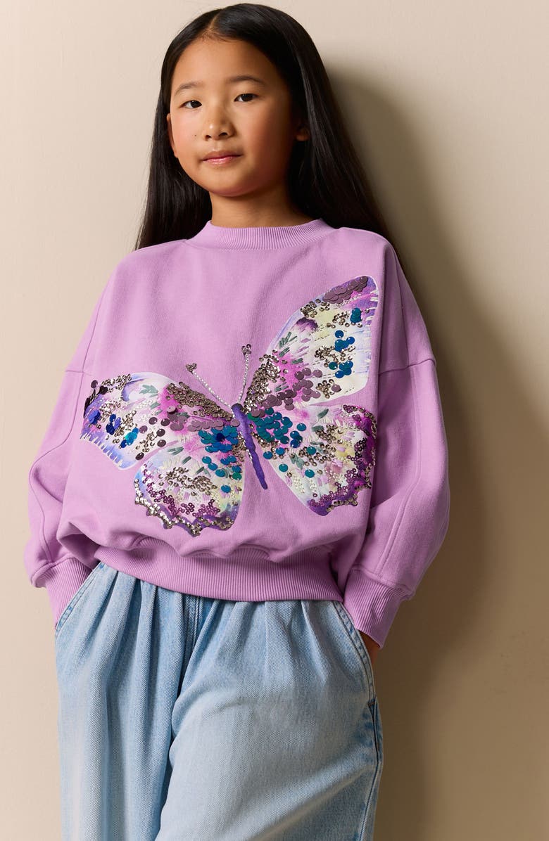 NEXT Kids' Sequin Embellished Butterfly Cotton Blend Sweatshirt, Alternate, color, Purple