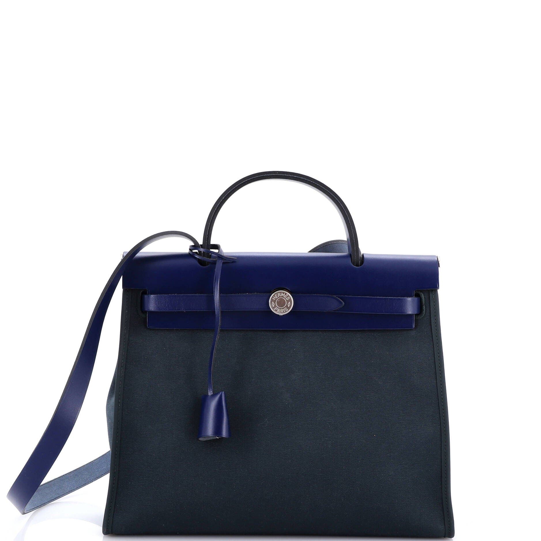 Pre-Owned Hermes Herbag Zip Leather and Toile 31, Main, color, Bleu Orage