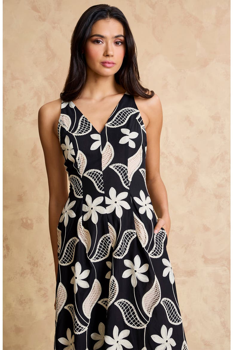 Embroidered Sleeveless Cotton Midi Dress, Alternate, color, BLACK/ CREAM