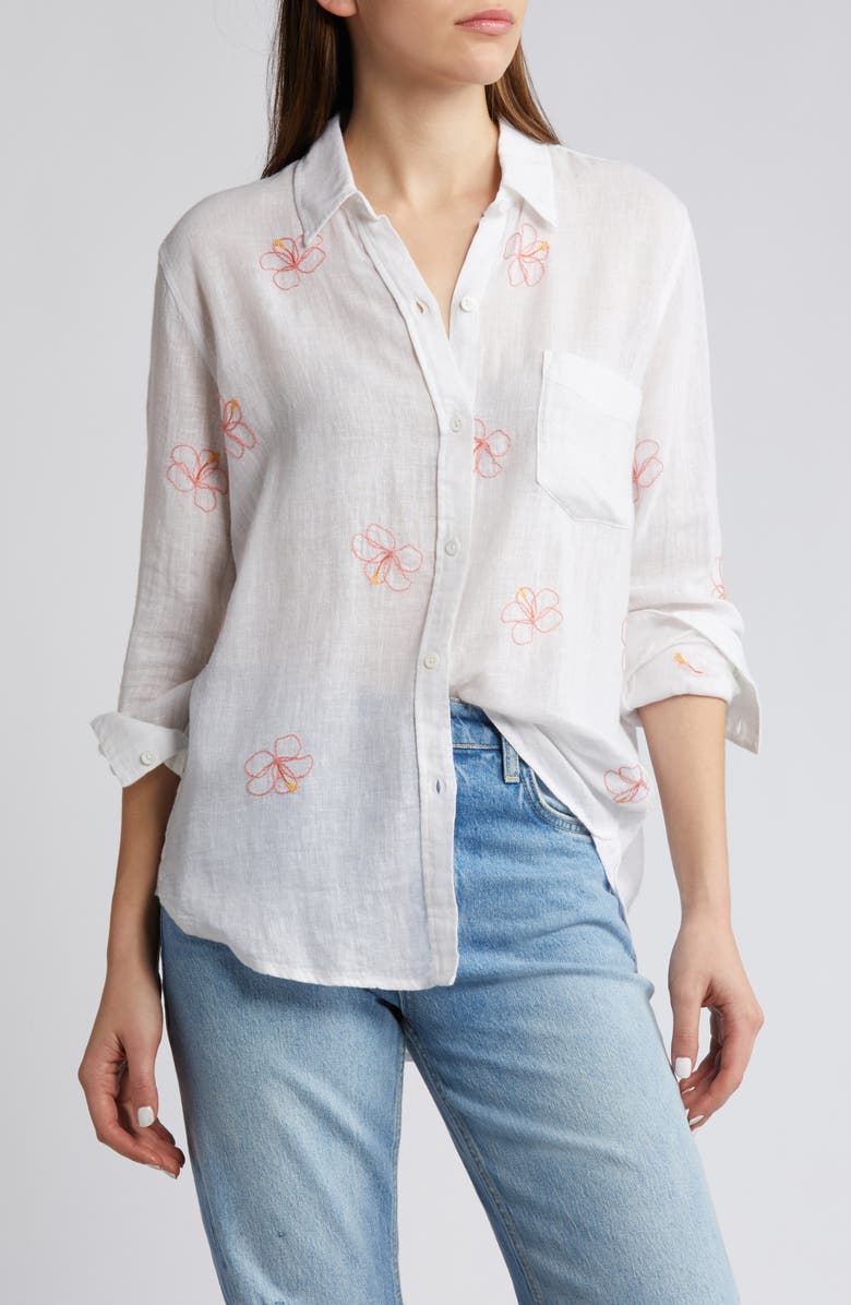 Rails Charli Linen Blend Button-Up Shirt, Main, color, Hibiscus Embroidery