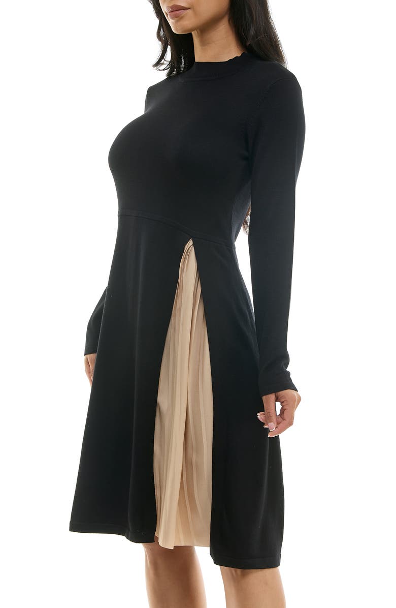 Nina Leonard Pleated Long Sleeve Sweater Dress, Alternate, color, Black/Tan