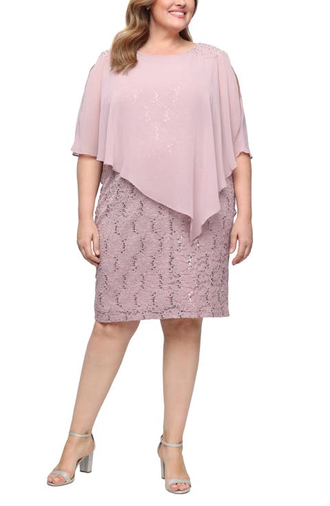 Chiffon Capelet Floral Lace Cocktail Dress (Plus)