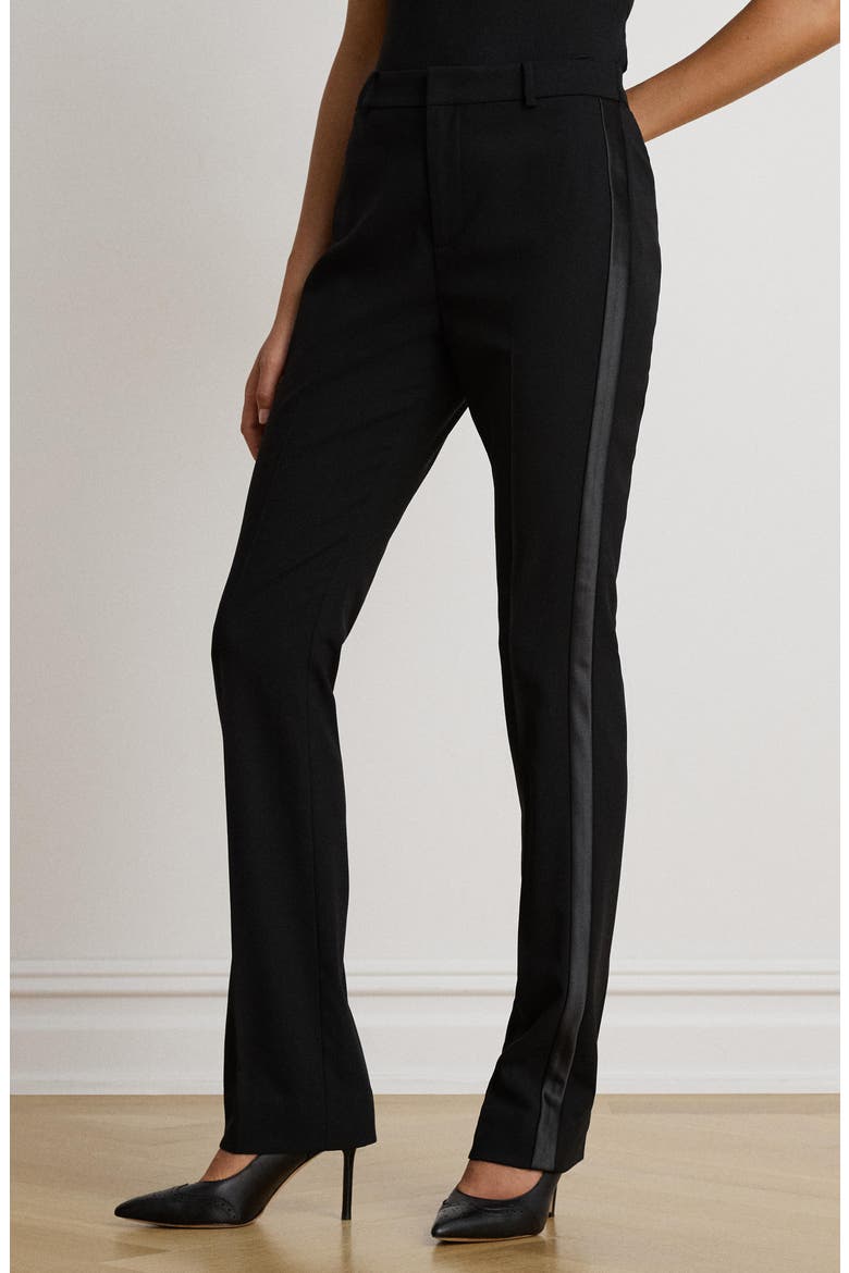 Satin-Trim Wool Crepe Straight Leg Pants, Alternate, color, BLACK