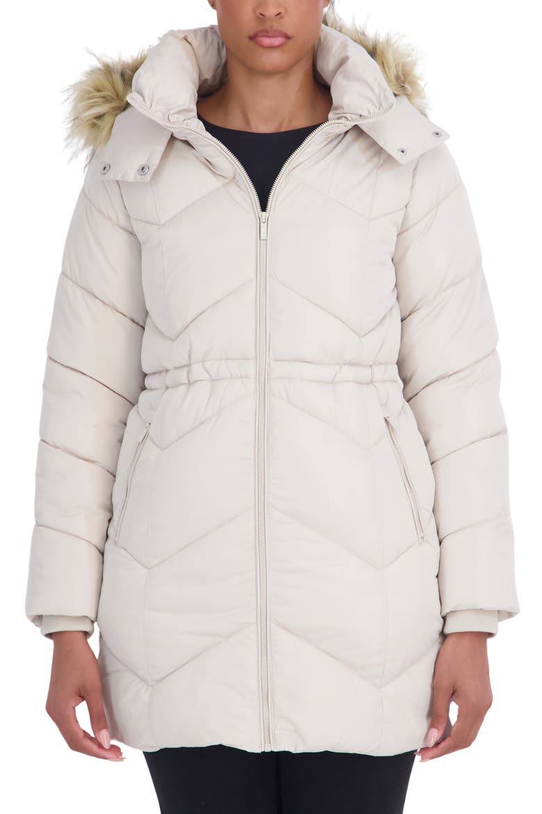 Faux Fur Trim Water Resistant Puffer Parka, Main, color, BEIGE