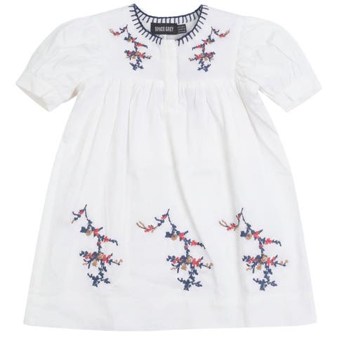 Girl Floral Embroidered Woven Dress - 100% Cotton, Fully Lined