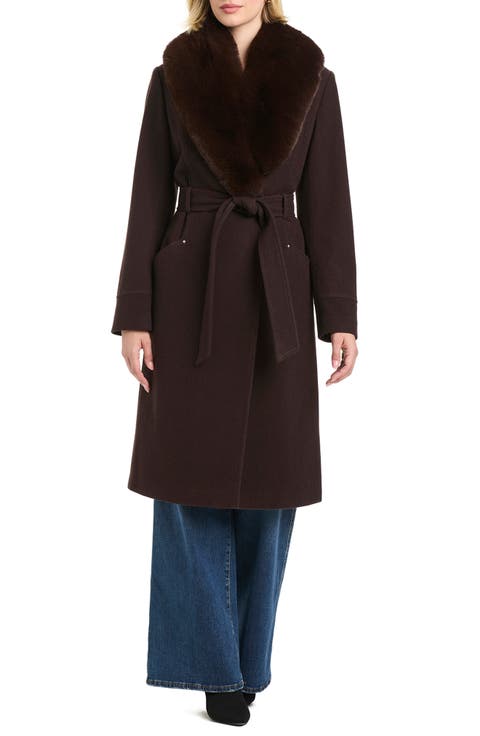 removable faux fur collar belted wool blend coat