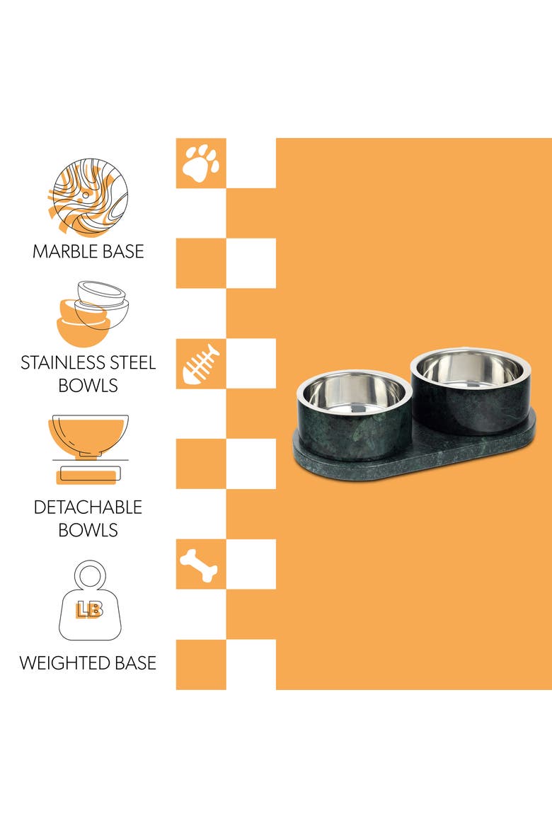 Marbre Modern Weighted Double Marble and Stainless Steel Bowl Feeder with Non-Slip Marble Tray Set, Alternate, color, Green
