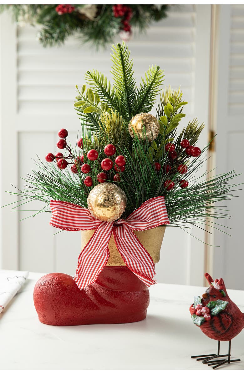 Glitzhome Christmas Red Boot with Pine Needle & Berry Centerpiece, Alternate, color, 