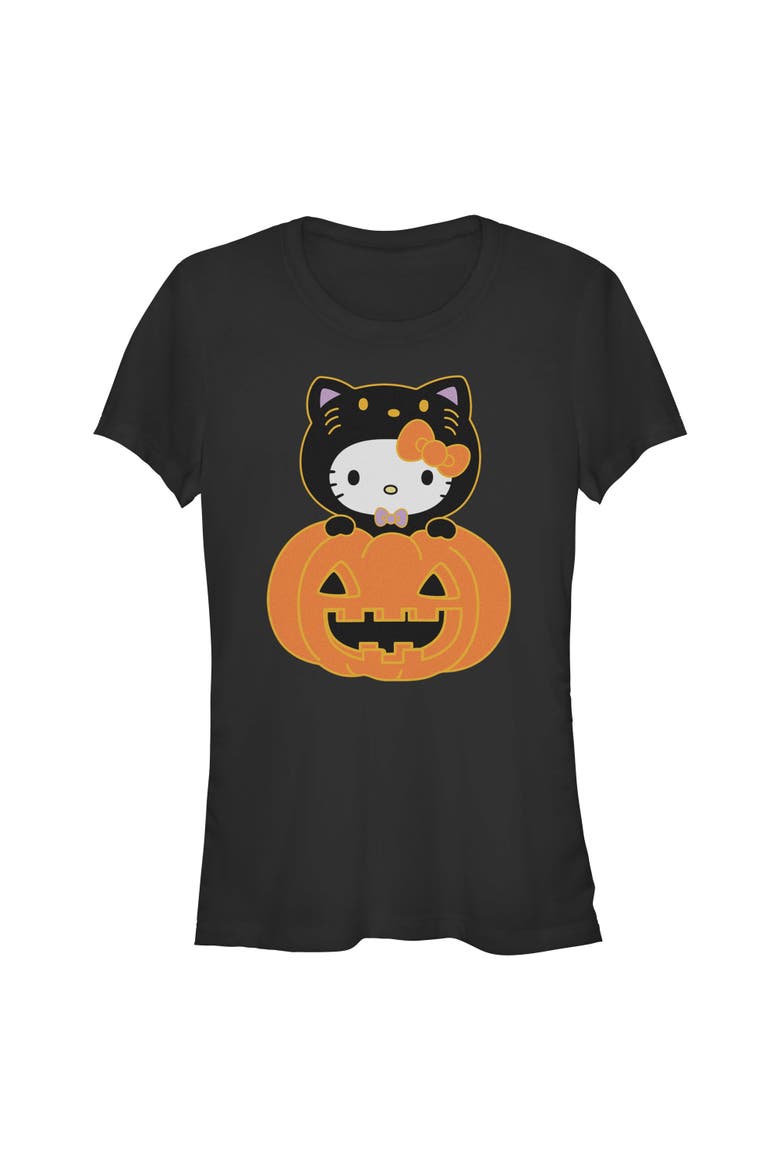 Junior's Hello Kitty Halloween Pumpkin and Kitty  Graphic T-Shirt, Main, color, Black