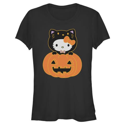 Junior's Hello Kitty Halloween Pumpkin and Kitty  Graphic T-Shirt