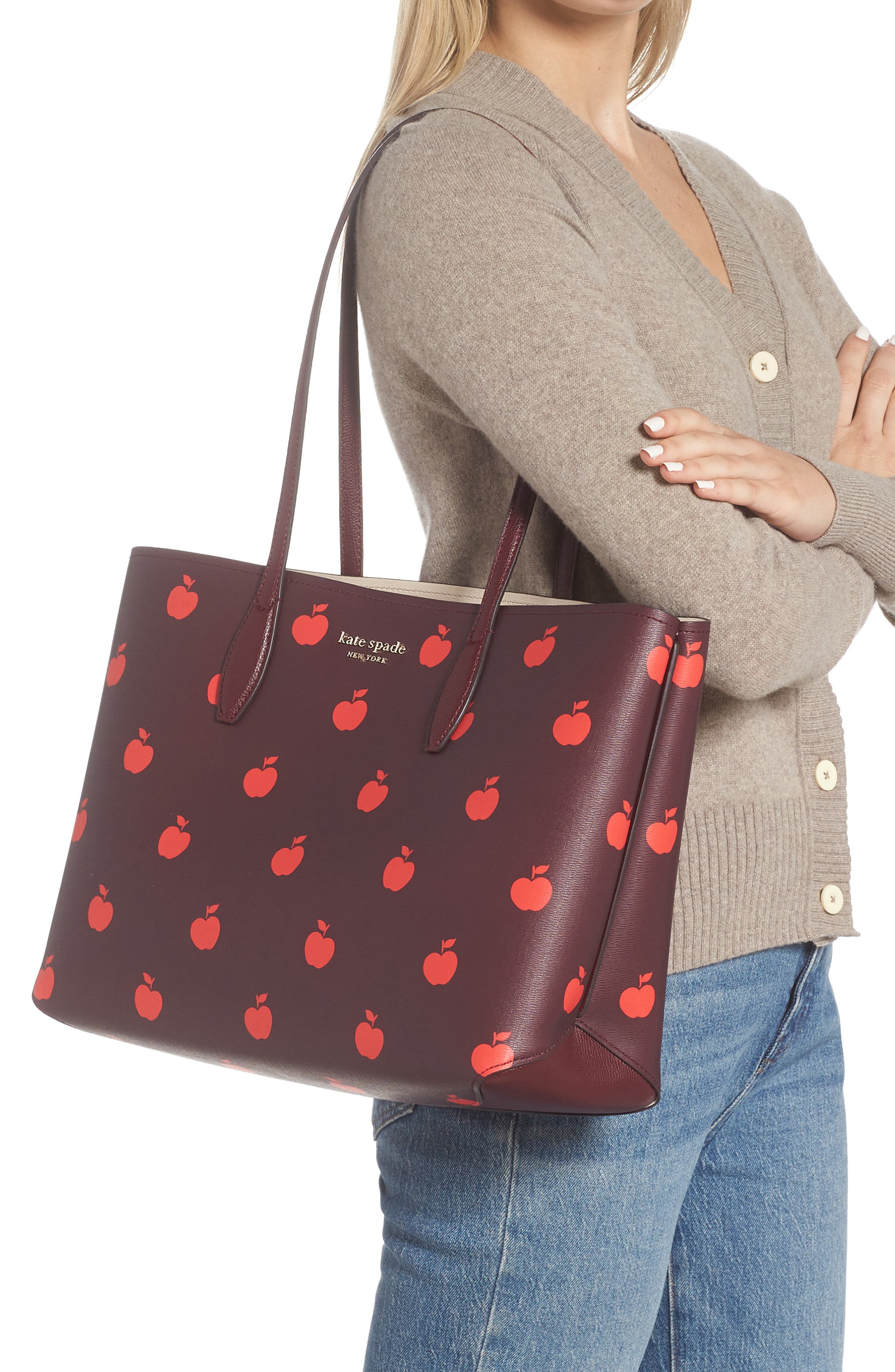 Kate Spade New York all day apple print tote bag, Alternate, color, 