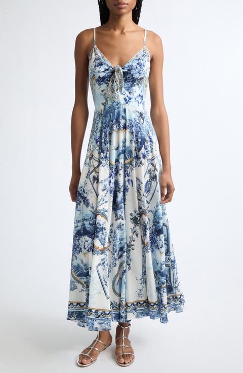 Porcelain Parlor Print Silk Maxi Sundress
